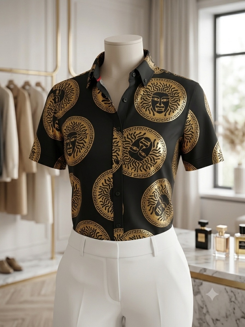 Black & Gold Medallion Short-Sleeve Button-Down Shirt